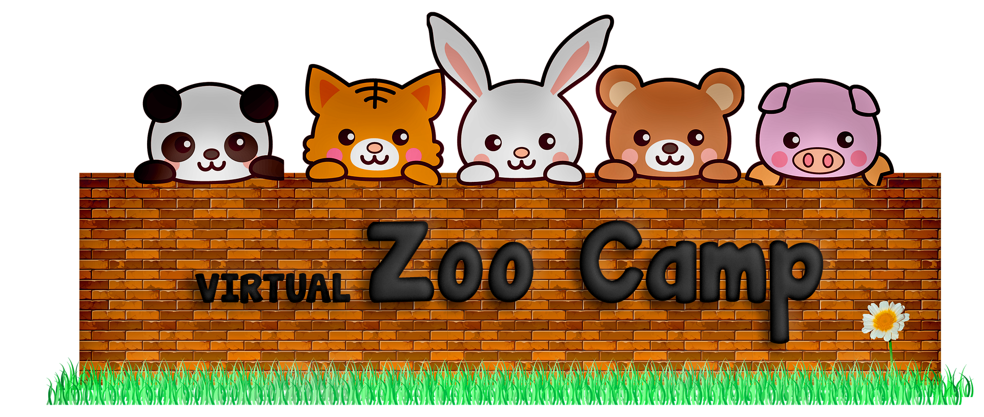 Panda, Cat, Rabbit, Bear and Pig on a Brick Wall with the words "Virtual Zoo Camp" on the brick wall