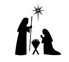 This image displays a catroonized silhouette of St. Joseph, the Virgin Mary, and Baby Jesus