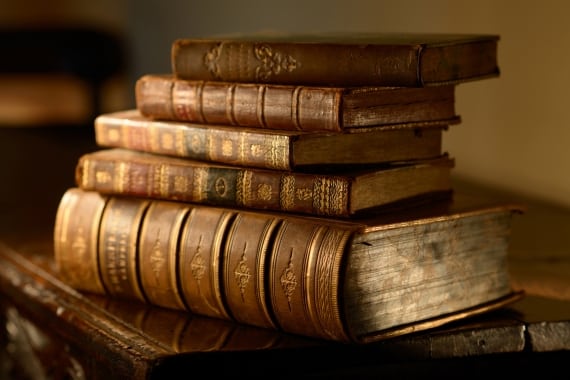 This image displays a stack of books with old-style bindings.